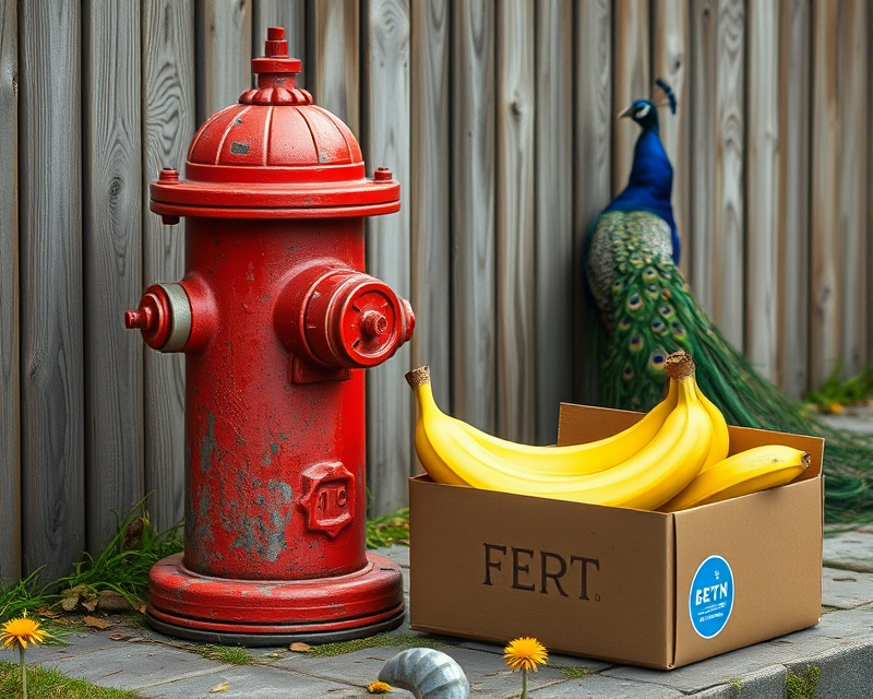 fire hydrant, banana, box, peacock